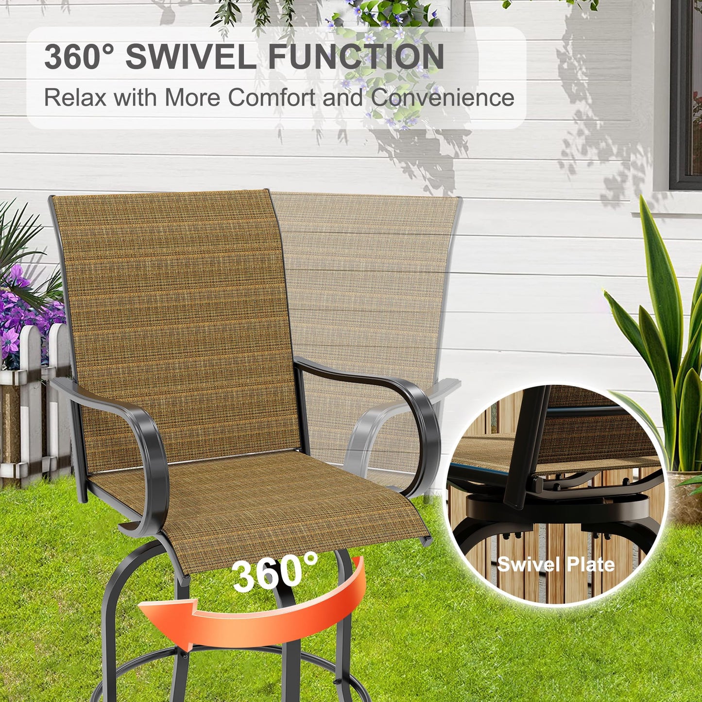 Riedhoff 3-Piece Patio Bar Set with 2 Swivel Chairs & Glass Table,All-Weather,Textile Fabric,Gold