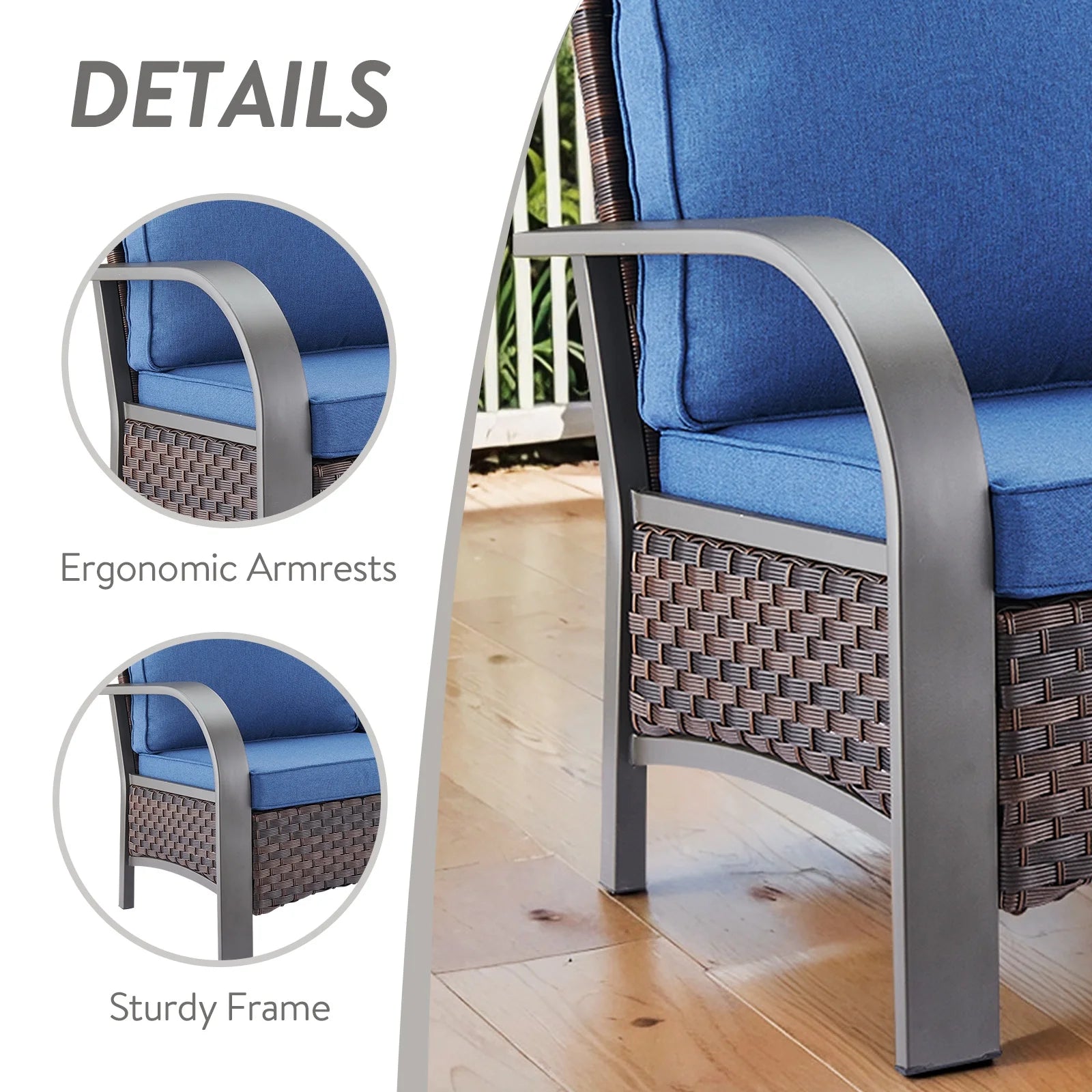 OPOHORO 3-Piece Outdoor Patio Furniture Set, 75-Inch Wicker Sofa with 2 Ottomans, Brown Rattan Couch with Blue Cushions for Deck or Backyard