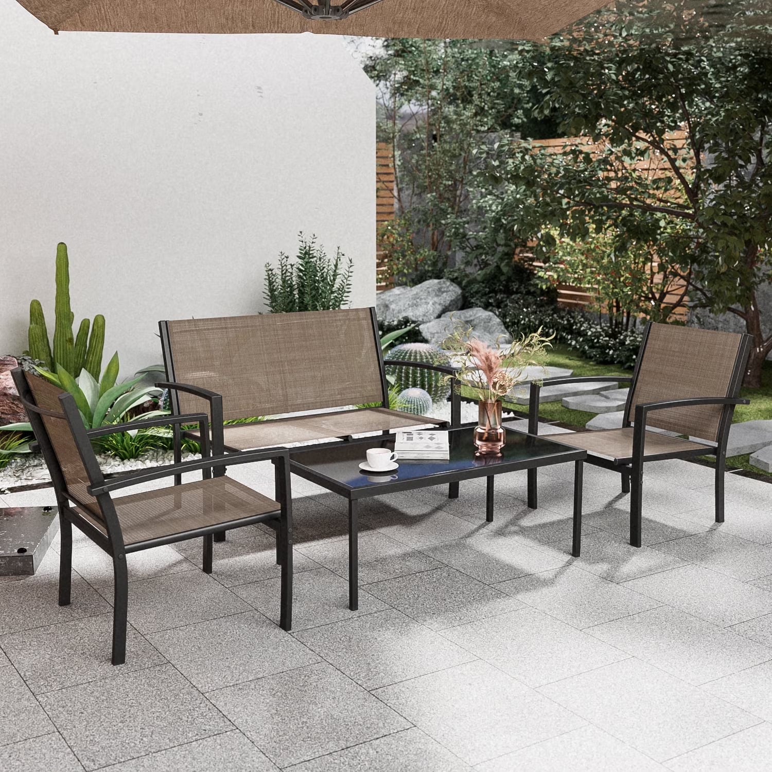 LACOO 4 Pieces Outdoor Furniture Set Patio Textilene Steel Conversation Set with Loveseat Tea Table for Lawn and Balcony, Black
