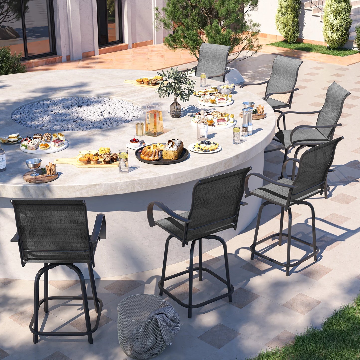 ELPOSUN Patio Swivel Bar Stools Chair of 2, Outdoor Bar Height Set, All Weather High Back and Armrest Rocking Stools & Bar Chairs for Backyard, Lawn Garden, Balcony and Pool, Grey White