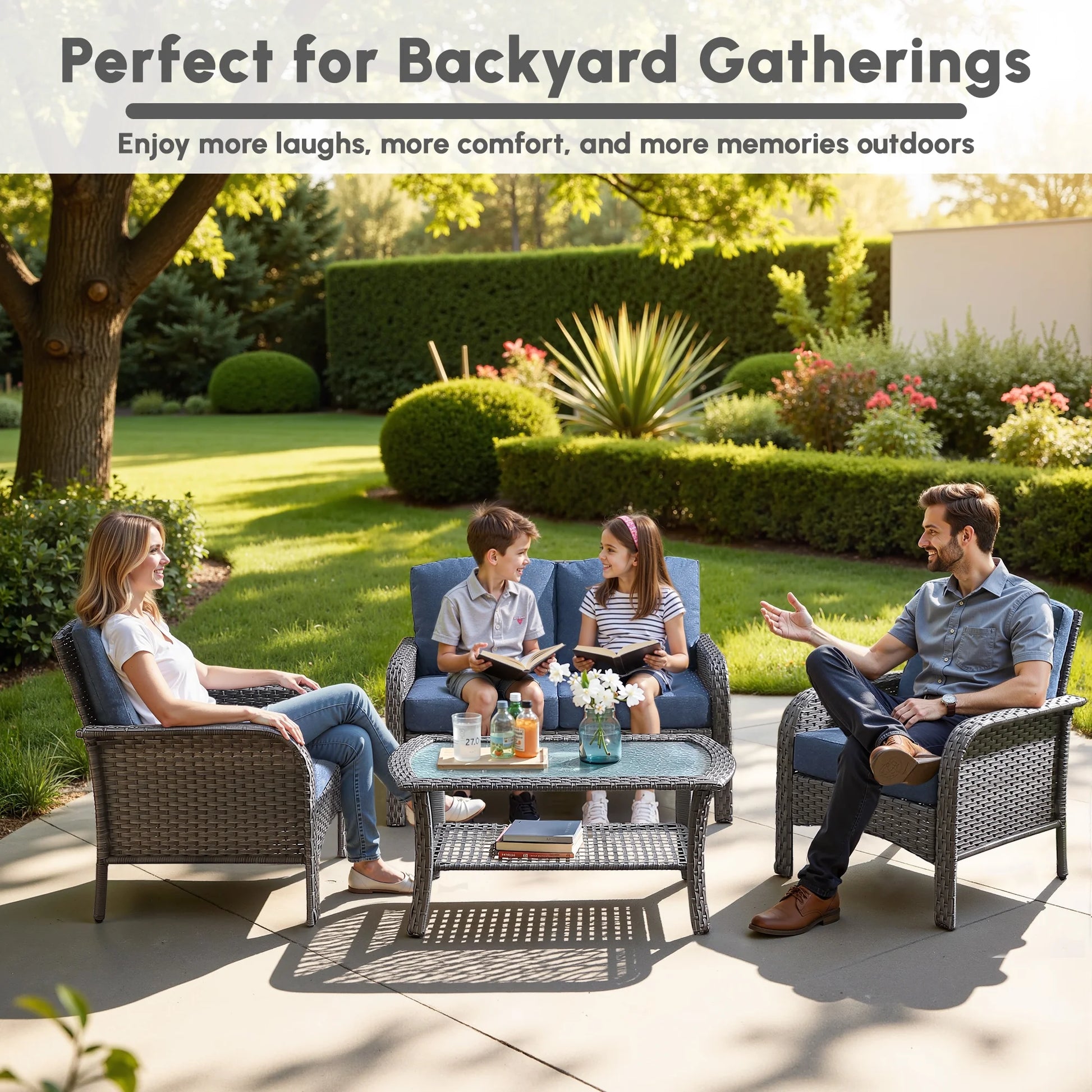 Ovios 4 Pieces Wicker Outdoor Patio Furniture with Coffee Table High Back All Weather Rattan Outdoor Sectional Conversation Set for Backyard Porch Garden, Denim Blue
