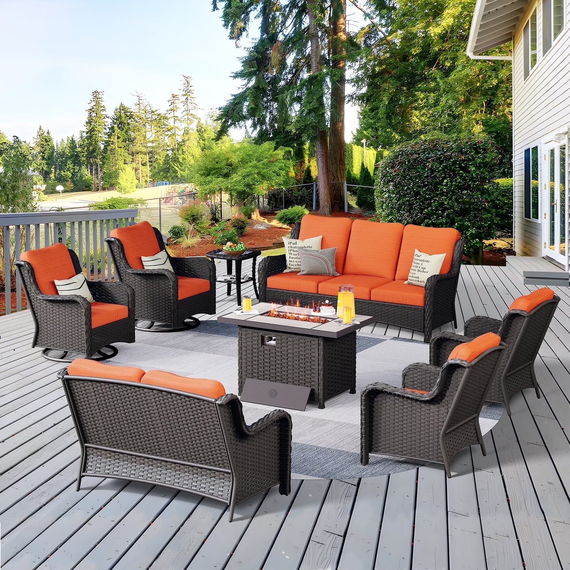 Vcatnet 8 Pieces Outdoor Patio Furniture Sectional Sofa All-weather Conversation Set with Swivel Rocking Chairs and Fire Pit Table for Garden,Poolside,Gray