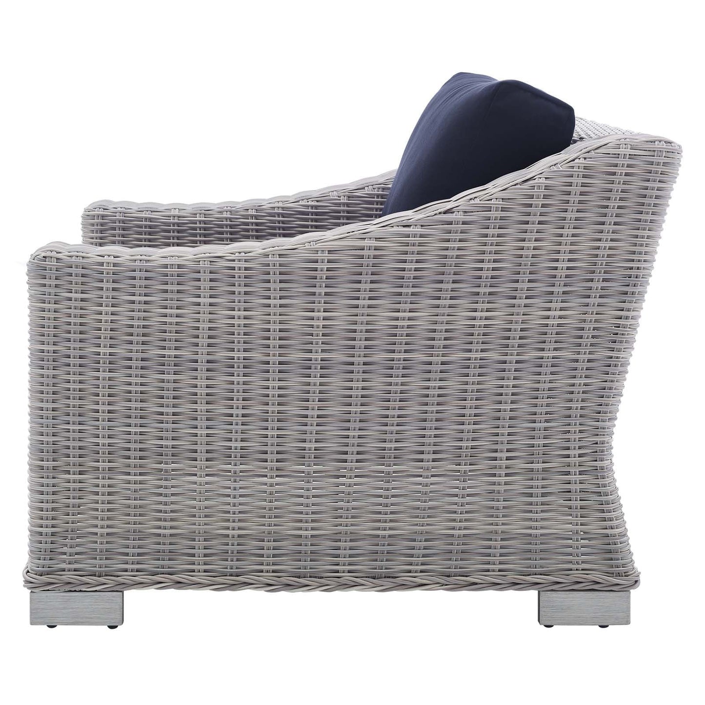 Lounge Sectional Sofa Chair Table Set, Rattan, Wicker, Light Grey Gray Blue Navy, Modern Contemporary Urban Design, Outdoor Patio Balcony Cafe Bistro Garden Furniture Hotel Hospitality