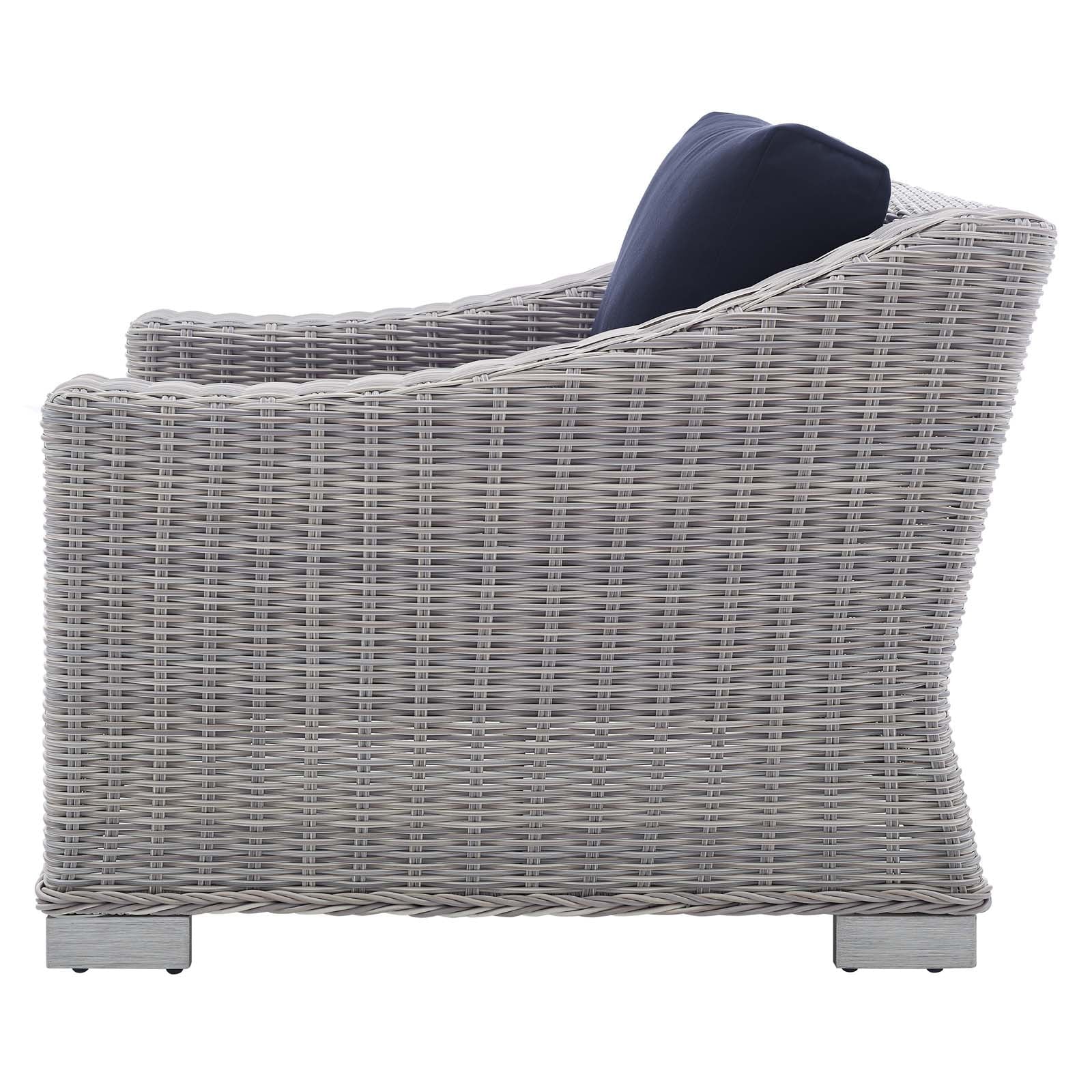 Lounge Sectional Sofa Chair Table Set, Rattan, Wicker, Light Grey Gray Blue Navy, Modern Contemporary Urban Design, Outdoor Patio Balcony Cafe Bistro Garden Furniture Hotel Hospitality