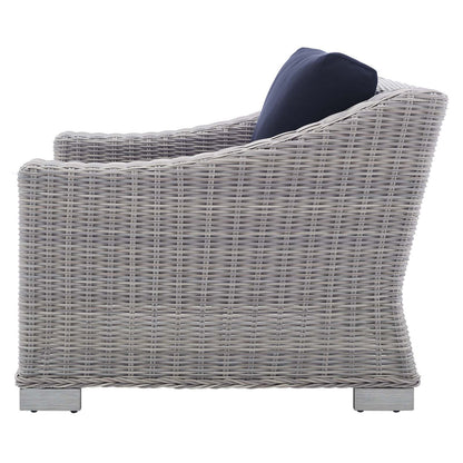 Lounge Sectional Sofa Chair Table Set, Rattan, Wicker, Light Grey Gray Blue Navy, Modern Contemporary Urban Design, Outdoor Patio Balcony Cafe Bistro Garden Furniture Hotel Hospitality