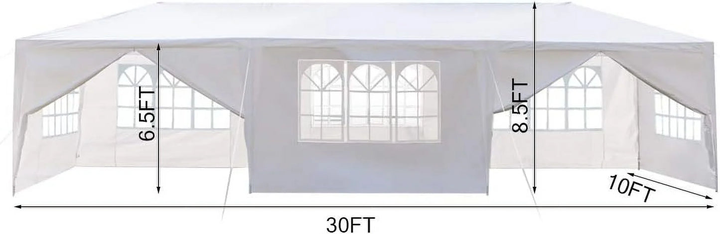 10'x30' Outdoor Patio Wedding Party Tent Heavy Duty Canopy Tent Gazebo, Waterproof UV Protection Tent with Spiral Tubes White(8 Removable Sidewalls 2 Doors)
