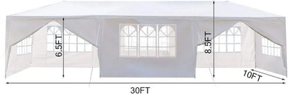 10'x30' Outdoor Patio Wedding Party Tent Heavy Duty Canopy Tent Gazebo, Waterproof UV Protection Tent with Spiral Tubes White(8 Removable Sidewalls 2 Doors)