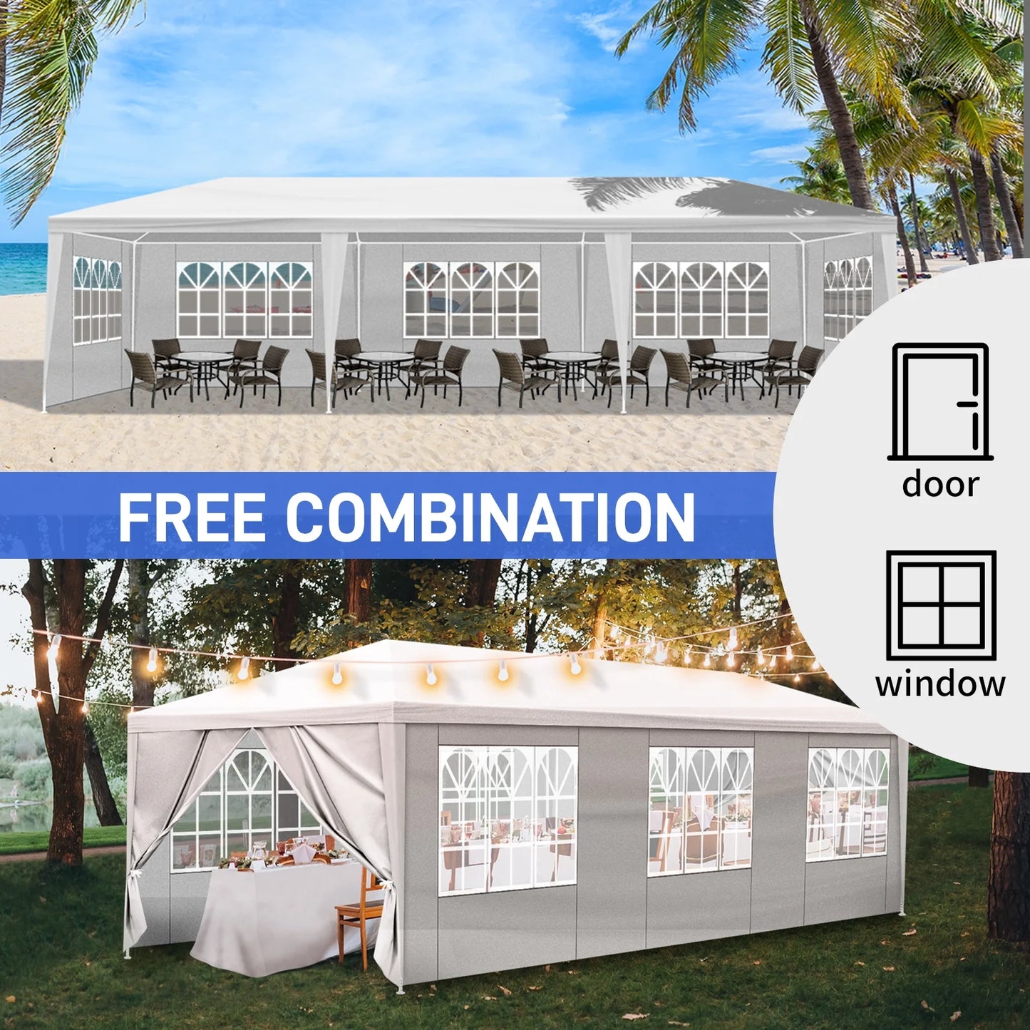 10'x30' White Outdoor Party Tent Gazebo - Waterproof PE Canopy with 8 Removable Sidewalls & Windows, Heavy Duty Iron Frame for Weddings, Events, Patios & Backyards