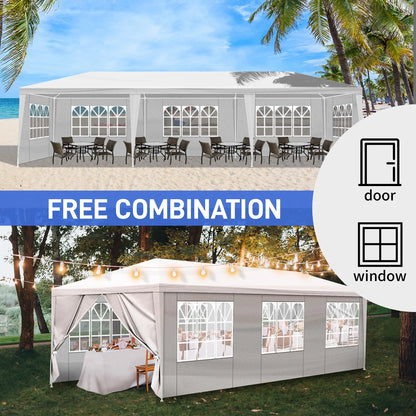 10'x30' White Outdoor Party Tent Gazebo - Waterproof PE Canopy with 8 Removable Sidewalls & Windows, Heavy Duty Iron Frame for Weddings, Events, Patios & Backyards