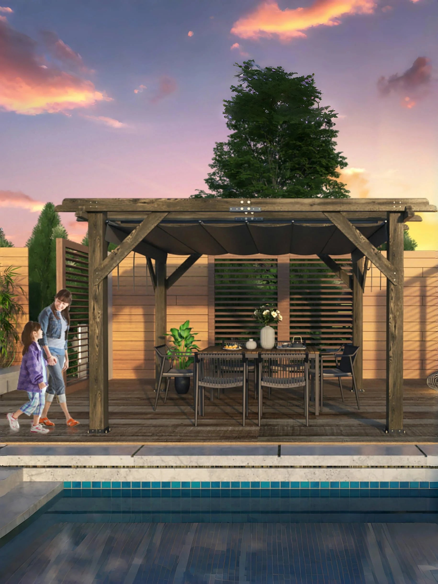 TROPOW 10'X 10' Cedar Wood Pergola with Solid Structure, Retractable Shade Canopy, Durable, Rot Resistant, Patio Pergola for Backyard, Deck, Garden, Outdoor Entertaining