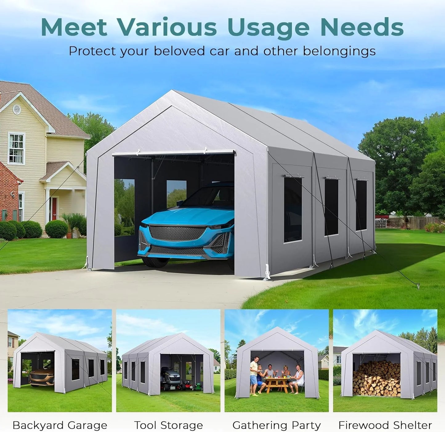Vitarpatio Carport, 10x20 ft Heavy Duty Car Port Canopy with 6 Roll-up Windows, Reinforced Metal Carport Portable Garage Waterproof Car Tent with Removable Sidewalls & Door