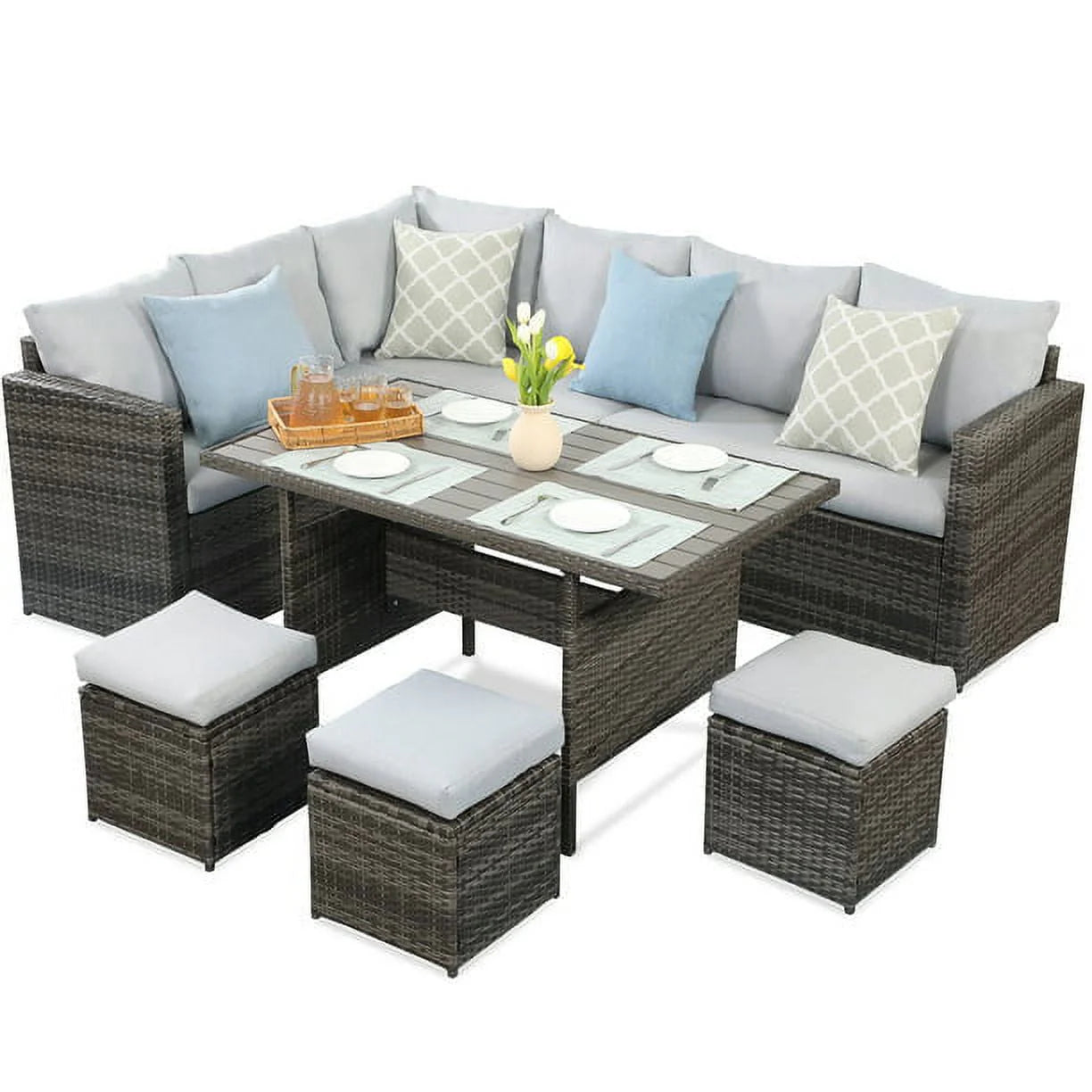 CozyHom 7 Pcs Outdoor Patio PE Wicker Sectional Dining Sofa Furniture Set, Rattan Sectional Conversation Furniture Set With Dining Table, Beige