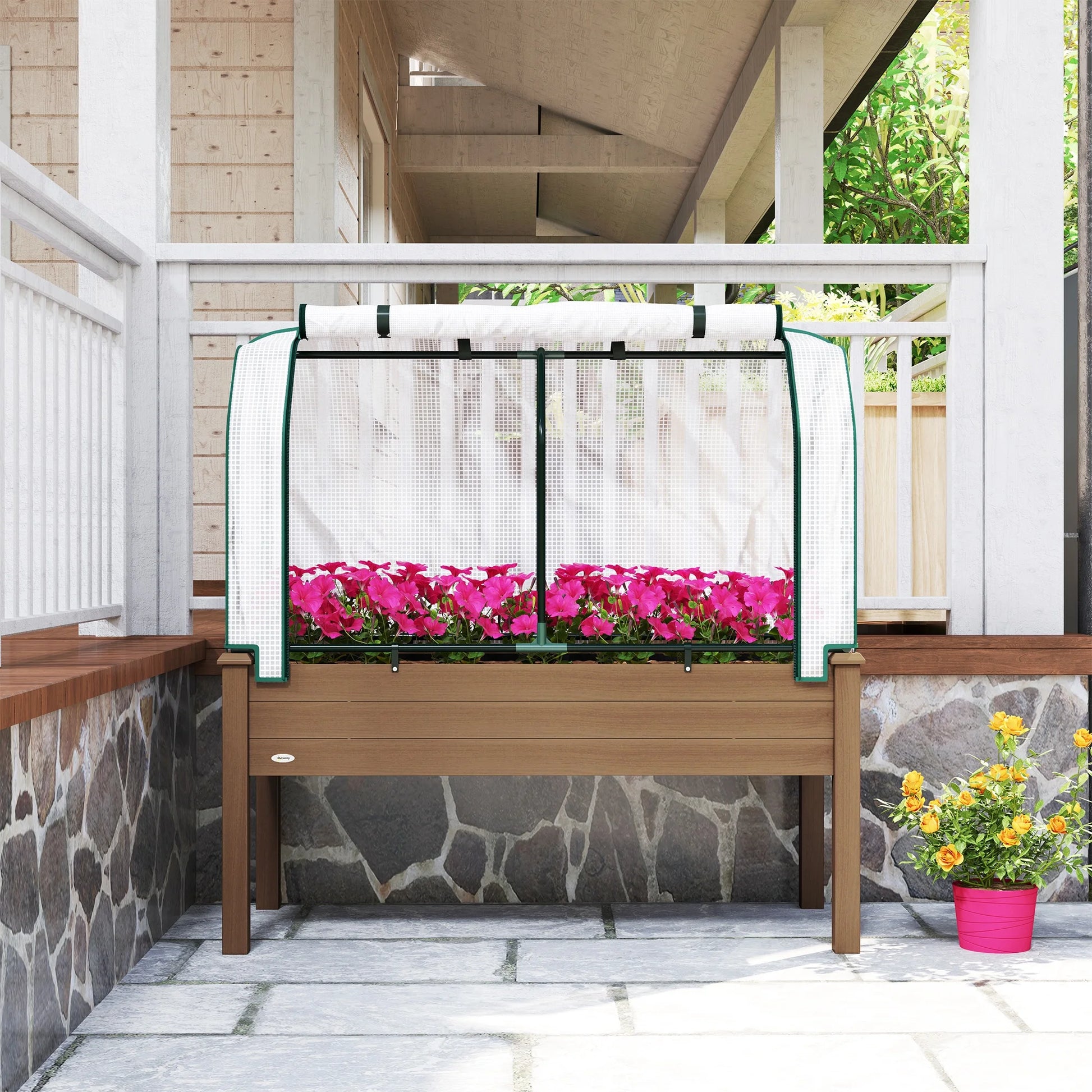 Outsunny Raised Garden Bed with PE Greenhouse Cover Outdoor Elevated Wood Planter Box for Herbs, Vegetables, for Patio, Backyard, Balcony, Brown