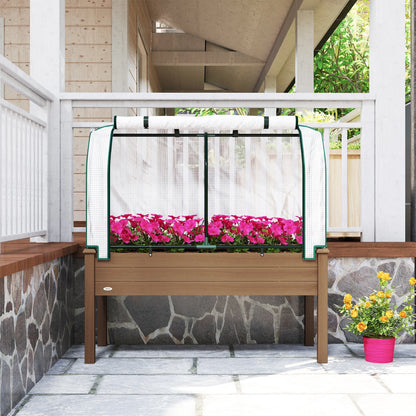 Outsunny Raised Garden Bed with PE Greenhouse Cover Outdoor Elevated Wood Planter Box for Herbs, Vegetables, for Patio, Backyard, Balcony, Brown