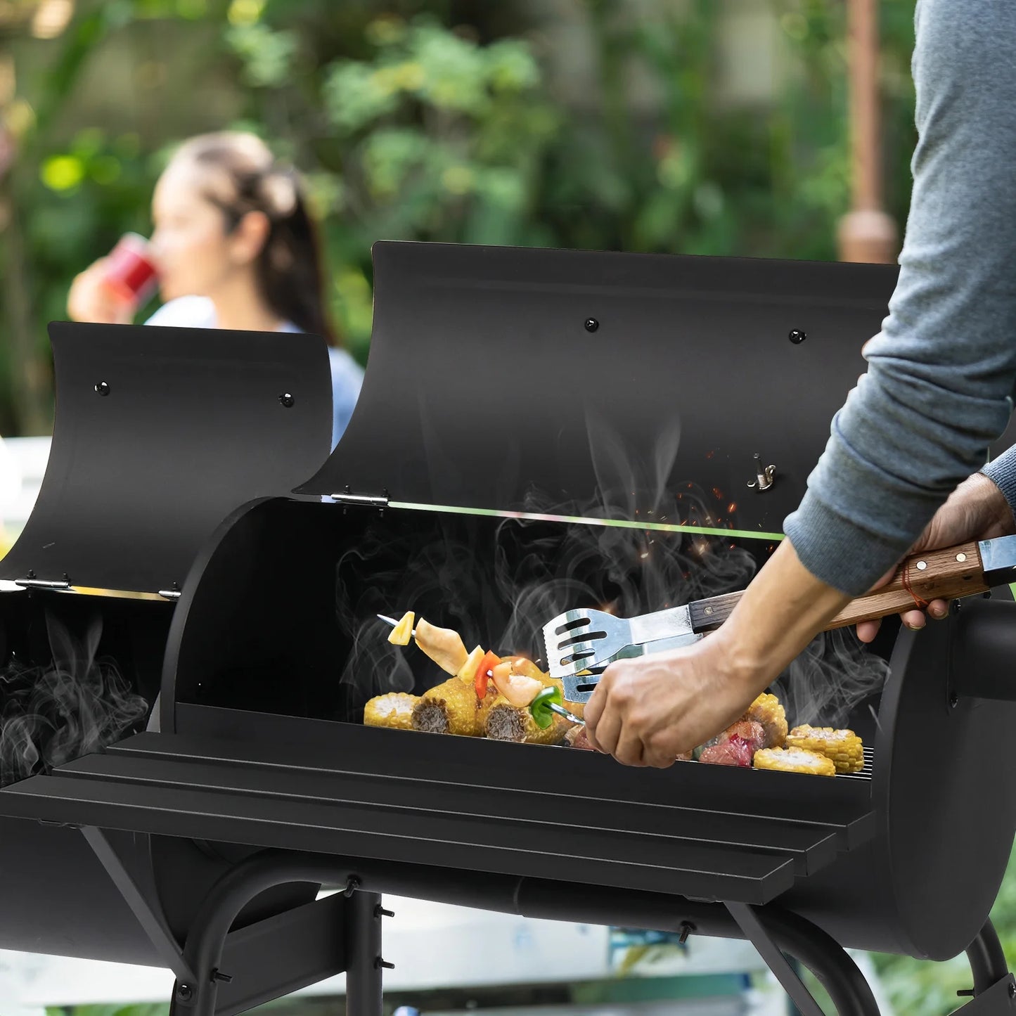 Qiushi Outdoor BBQ Charcoal Grill, Portable Camping Grill for 6-10 People with Offset Smoker & Wheels for Patio Backyard Picnic