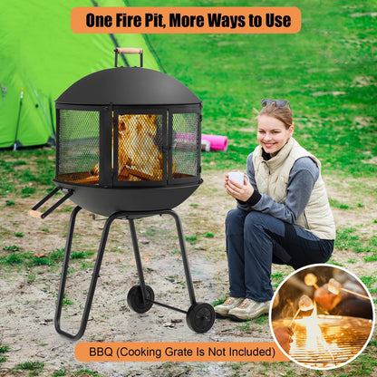 Topbuy Portable Fire Pit w/Wheels 28" Wood Burning Fire Pit w/Log Grate Poker Rolling Patio Fireplace Bonfire Firepit for Outdoor Entertaining