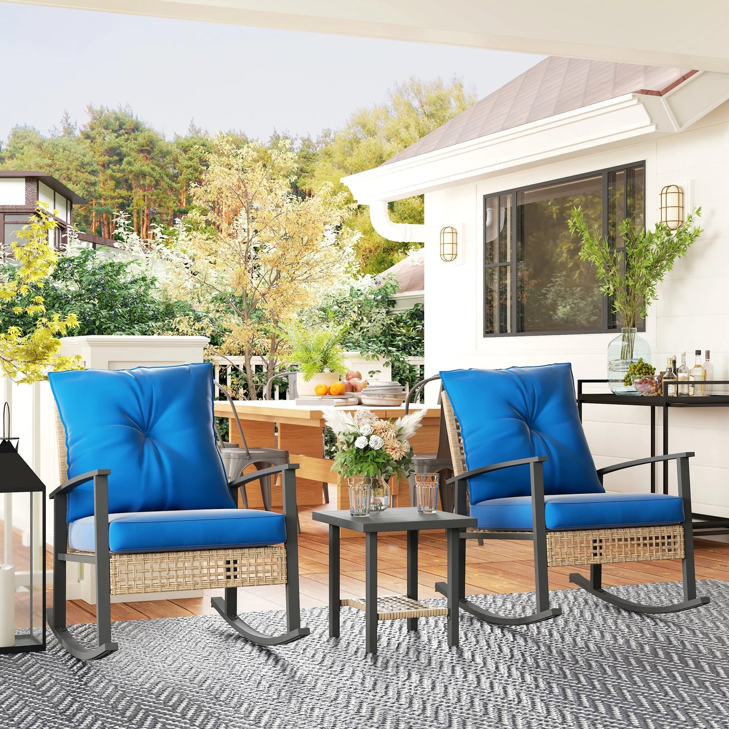 Outsunny 3 Pieces Patio Bistro Set, Wicker Furniture Set with Button Tufted Cushions, Rattan Rocking Chairs and Coffee Table, Dark Blue