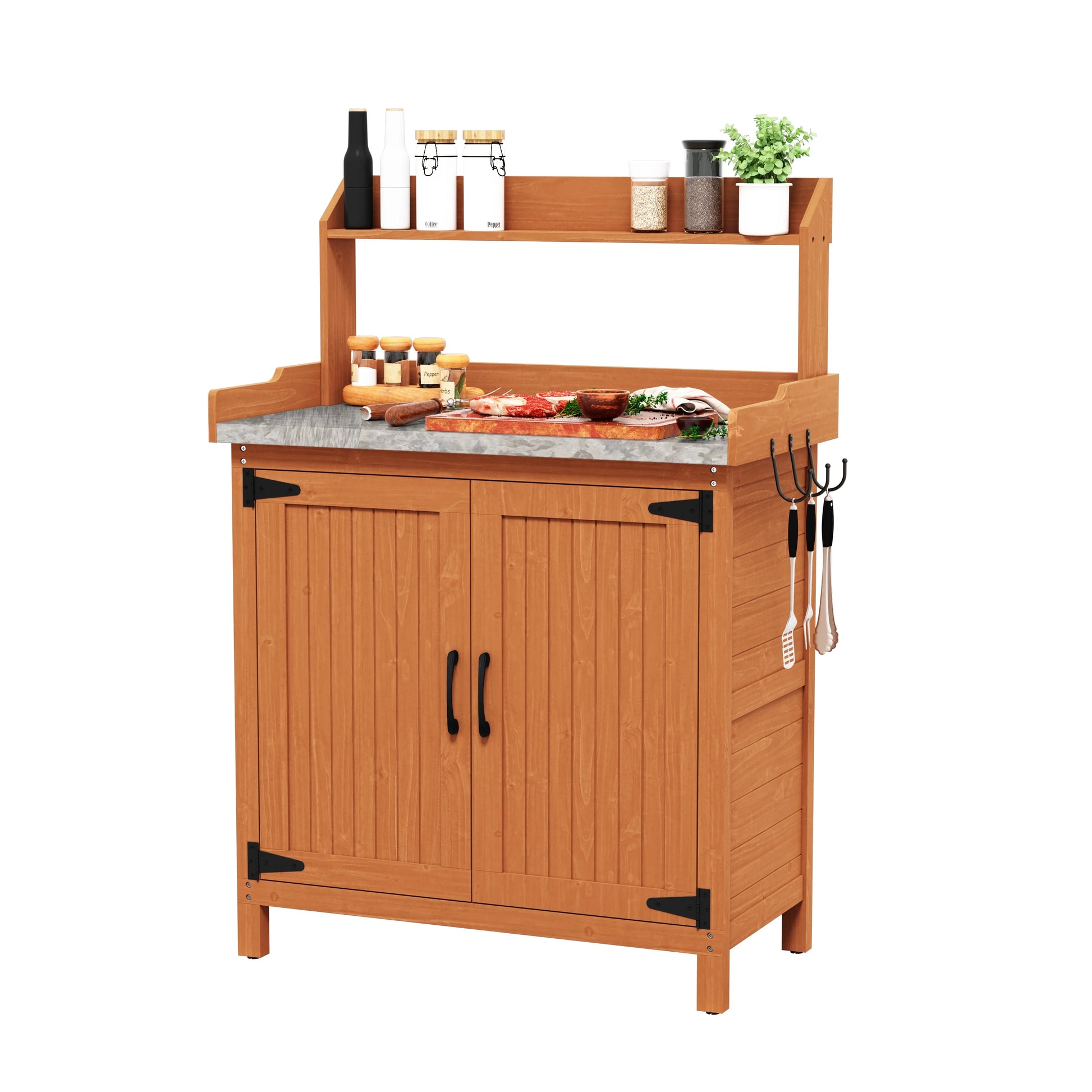 HLR Potting Bench with Storage, Galvanized Steel Tabletop Outdoor Potting Table with Storage for Garden Patio, Original Wood
