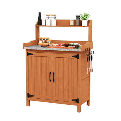 HLR Potting Bench with Storage, Galvanized Steel Tabletop Outdoor Potting Table with Storage for Garden Patio, Original Wood