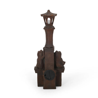 Coowa 37.25 Inch Outdoor Water Fountain with LED Lights, Faux Stone Two Tier Frog and Lamppost Design, Rustic Multi Brown, Weather Resistant for Garden and Patio