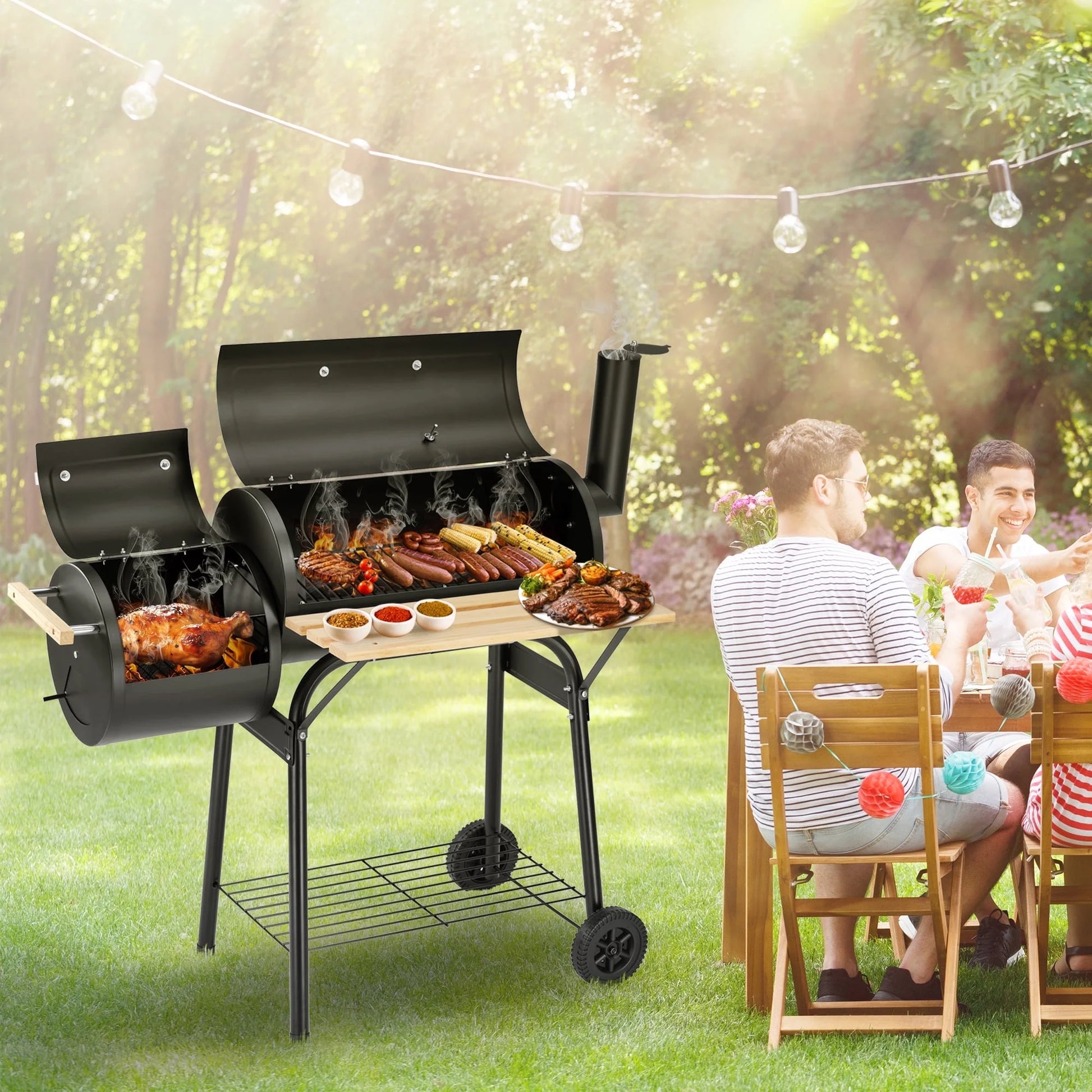 Sesslife 44" Portable Charcoal Grill, with Offset Smoker, Wood Shelf, Thermometer, Wheels, Charcoal BBQ Grill for Outdoor Picnic, Patio, Backyard, Camping, JA1170