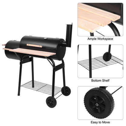 Clearance Charcoal Grill, Portable Oil Drum Charcoal Furnace with Stainless Steel BBQ Smoker, Wood Shelf, Thermometer, Wheels, for patio, Pool, Camping