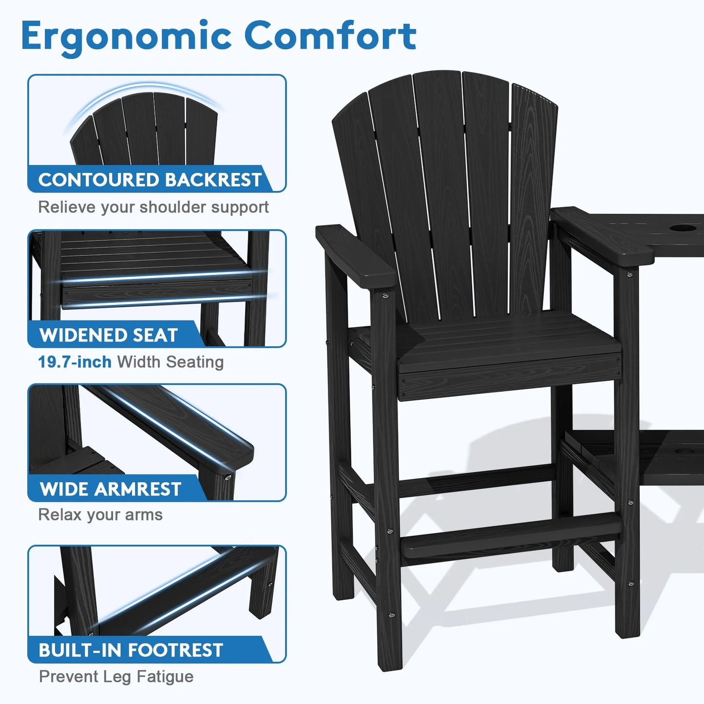 JUSTLET Tall Adirondack Chair Set of 2 with Double Connecting Tray, HDPE Outdoor Weather Resistant Patio Bar Stools, Navy Blue