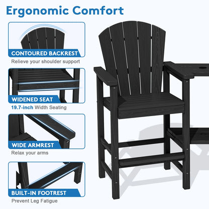 JUSTLET Tall Adirondack Chair Set of 2 with Double Connecting Tray, HDPE Outdoor Weather Resistant Patio Bar Stools, Navy Blue