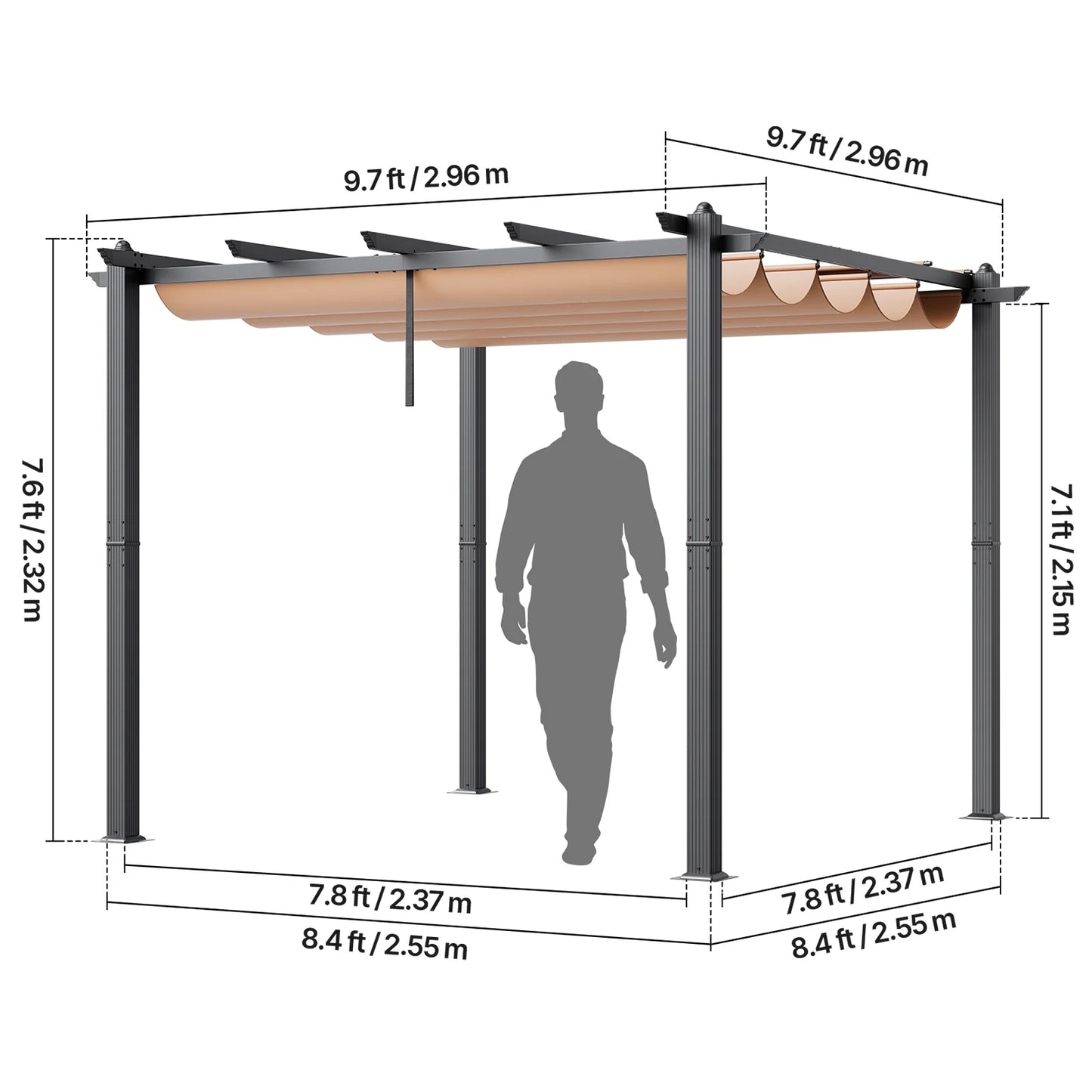 KFFKFF 10'x10' Aluminum Patio Pergola, Retractable Sun Shade Canopy, Ideal for Outdoor Gardens, Decks, and Backyards - Beige