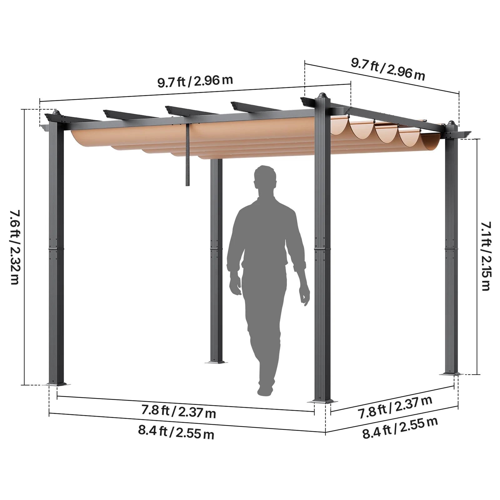 KFFKFF 10'x10' Aluminum Patio Pergola, Retractable Sun Shade Canopy, Ideal for Outdoor Gardens, Decks, and Backyards - Beige