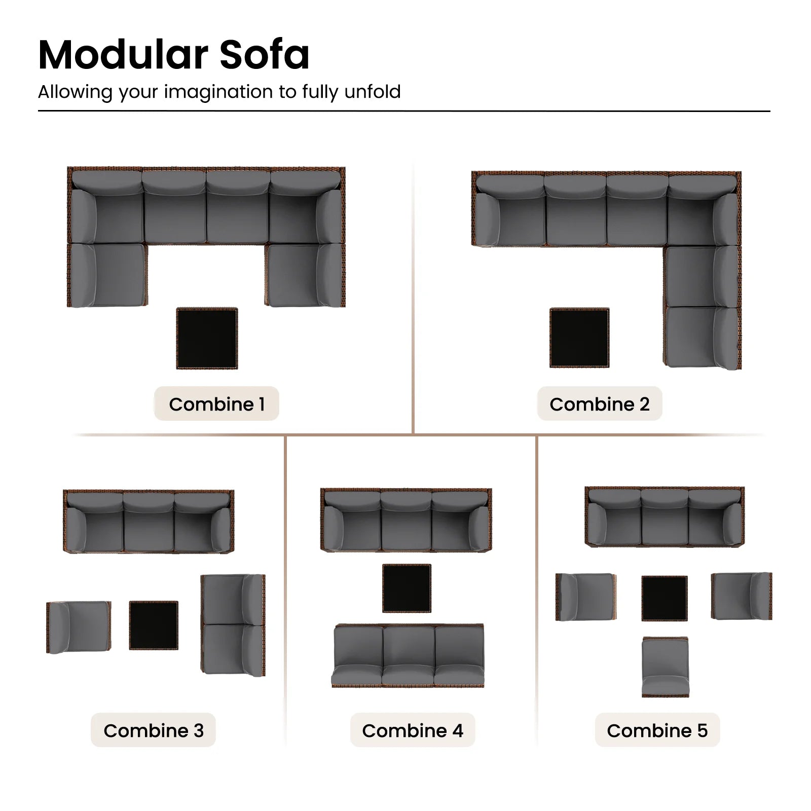 ELPOSUN 7 Pieces Patio Furniture Set, Outdoor Furniture Sectional Rattan Sofa for Backyard Garden Dark Grey