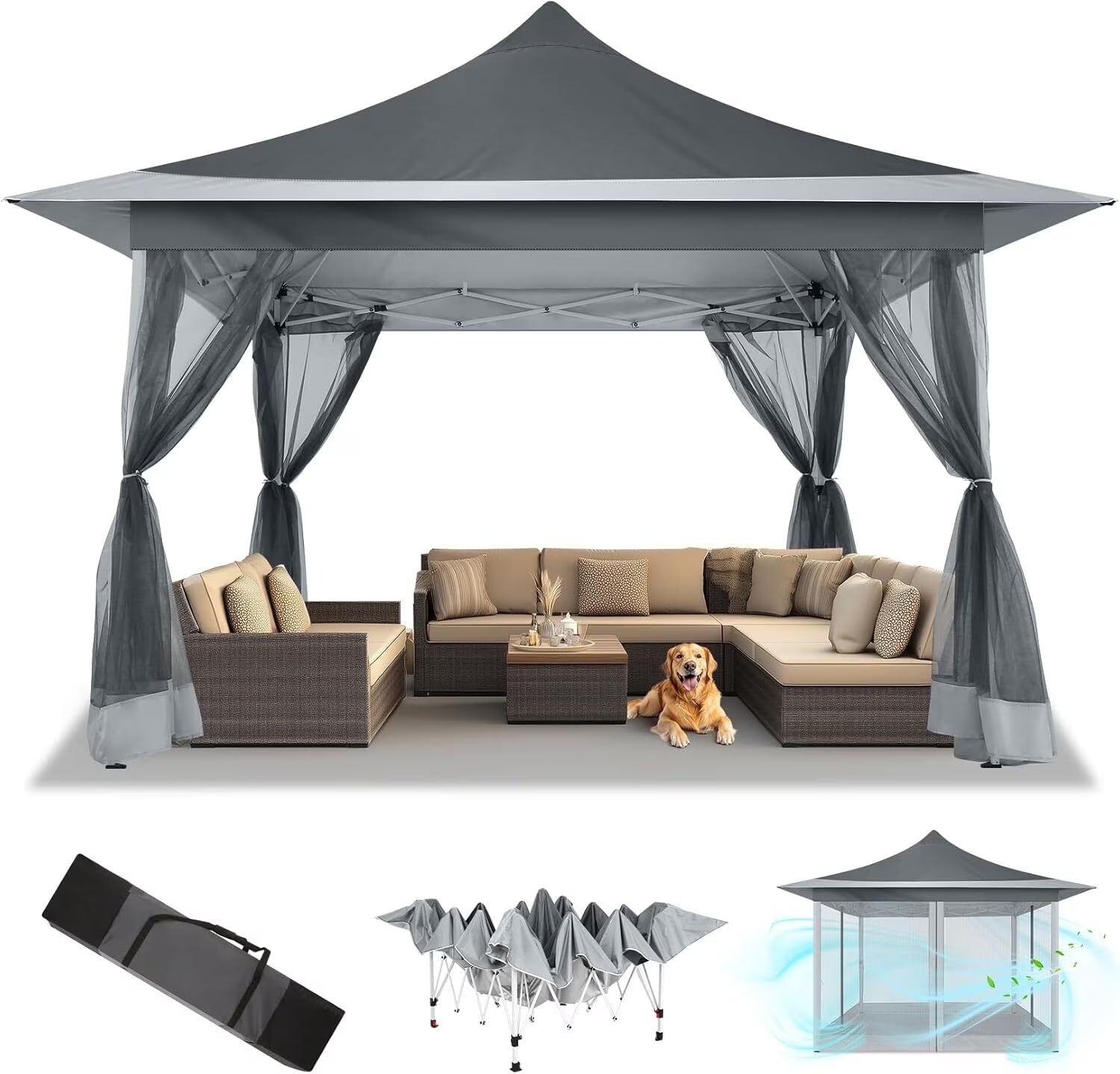 COBIZI 11x11 Pop up Gazebo Outdoor Canopy Gazebo Patio Gazebo with Mosquito Netting Canopy Shelter with 121 Square feet of Shade for Poolside, Garden, Party and Backyard, Khaki