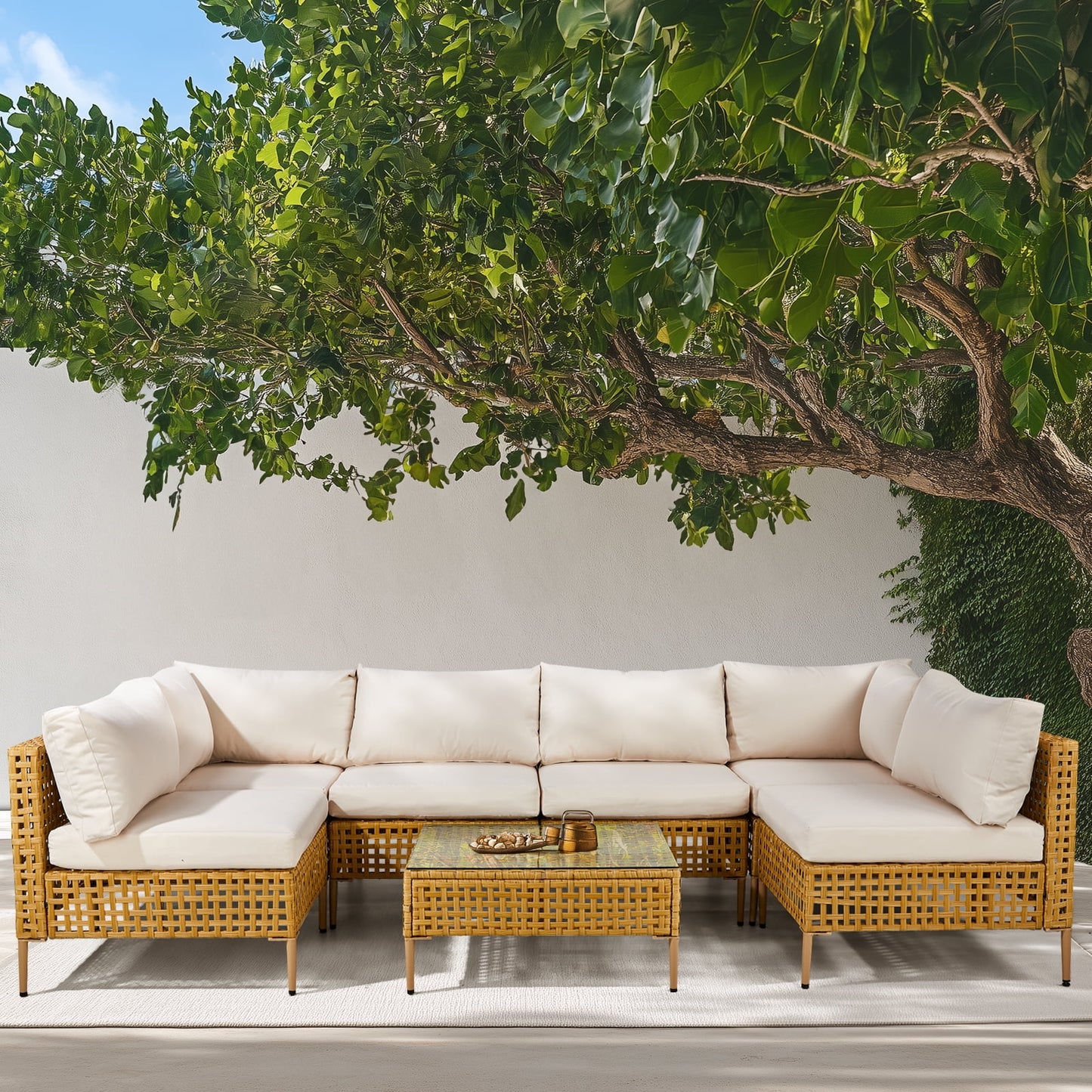 Ktaxon 7-Piece Wicker Patio Furniture Set, Patio Furniture Set with Water Resistant Thick Cushions and Coffee Table, Beige