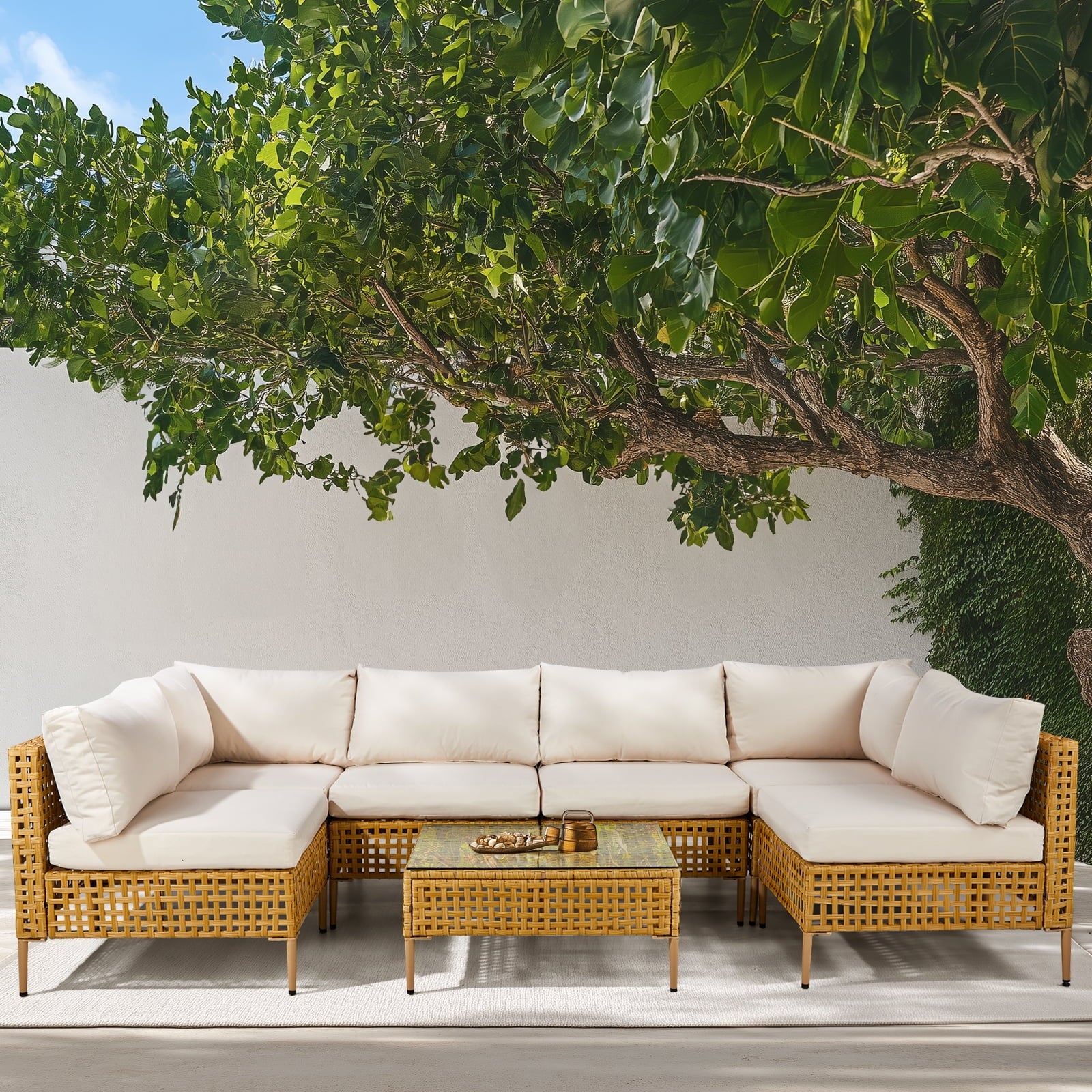 Ktaxon 7-Piece Wicker Patio Furniture Set, Patio Furniture Set with Water Resistant Thick Cushions and Coffee Table, Beige