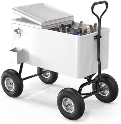 80 Quart Wagon Rolling Cooler Ice Chest,/Long Handle and 10" Wheels, Portable Beach Patio Party Bar Cold Drink Beverage, Outdoor Park Cart on Wheels