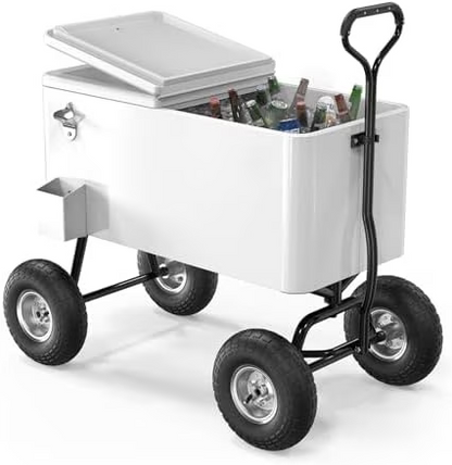 80 Quart Wagon Rolling Cooler Ice Chest,/Long Handle and 10" Wheels, Portable Beach Patio Party Bar Cold Drink Beverage, Outdoor Park Cart on Wheels