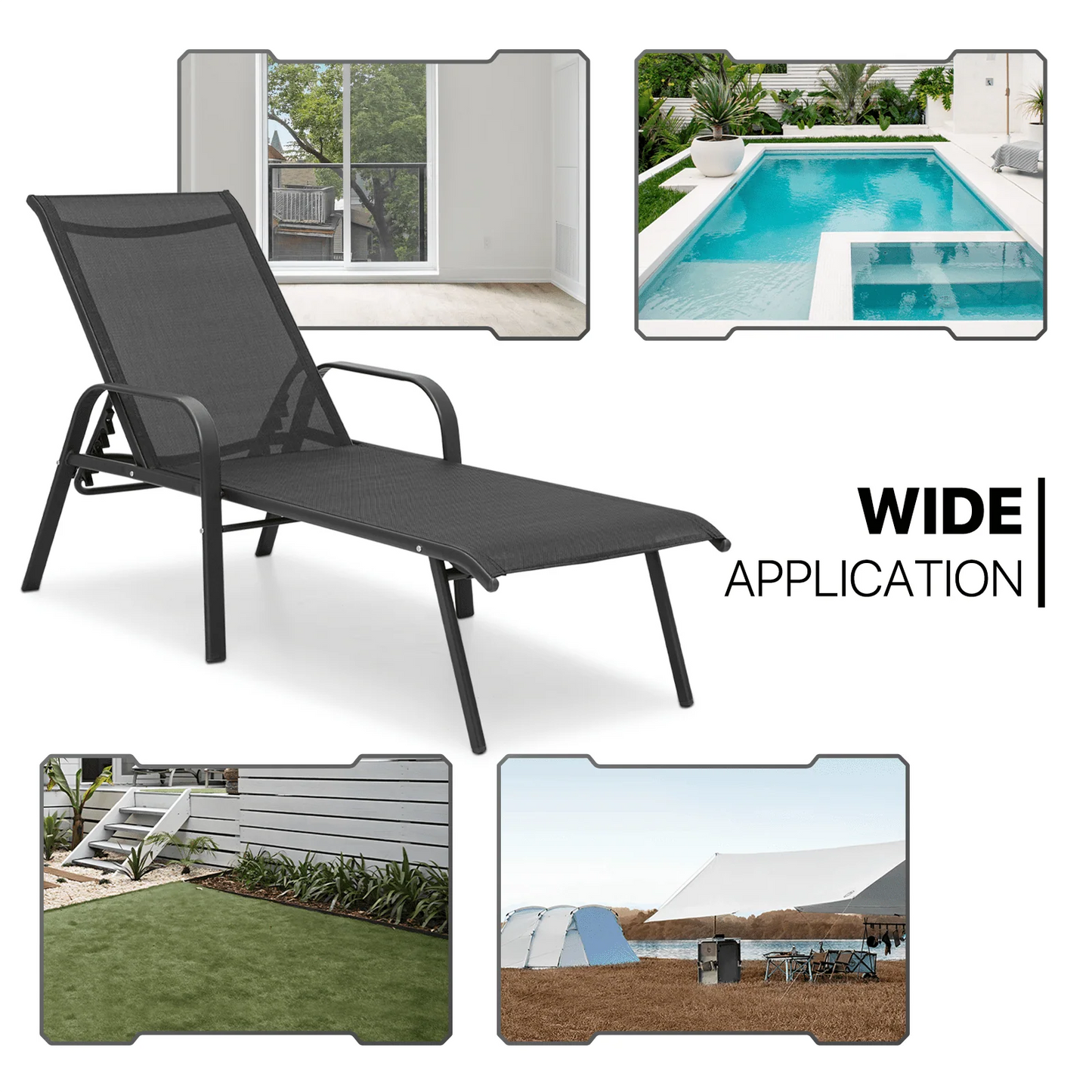 MoNiBloom 2Pcs Outdoor Patio Lounge Chairs with Adjustable Backrest, Pool Recliner Lounge Chaise with Armrest for Beach Backyard Garden, Black