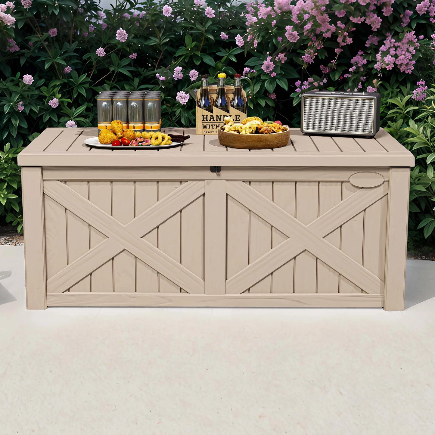 Uforic Outdoor 120 Gallon Large Resin Deck Box, Outdoor Storage Boxes with X-Shaped Front, for Patio Garden, Waterproof & Lockable, Light Brown
