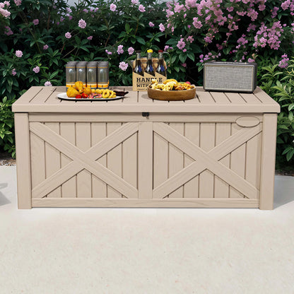 Uforic Outdoor 120 Gallon Large Resin Deck Box, Outdoor Storage Boxes with X-Shaped Front, for Patio Garden, Waterproof & Lockable, Light Brown