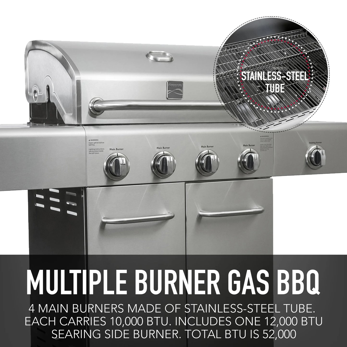 Kenmore PG-40405S0L-SE 4 Burner Outdoor Patio Propane Gas BBQ Grill with Searing Side Burner, Stainless Steel