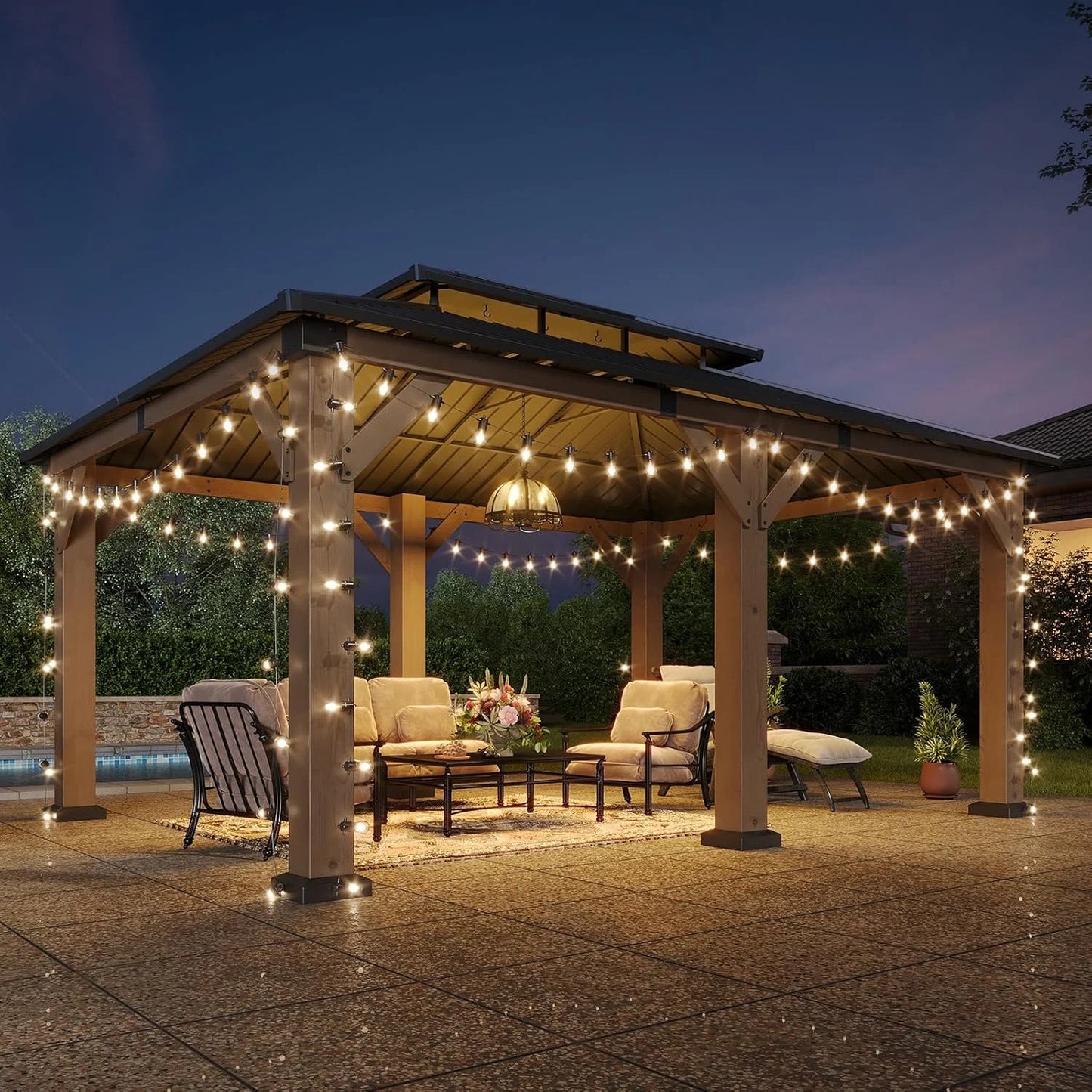 Aoxun 12' x 16' Outdoor Wood Gazebo, Hardtop Gazebo Permanent Wooden Pavilion with Galvanized Steel Double Roof, for Patio, Garden, Backyard, Cedar Wood