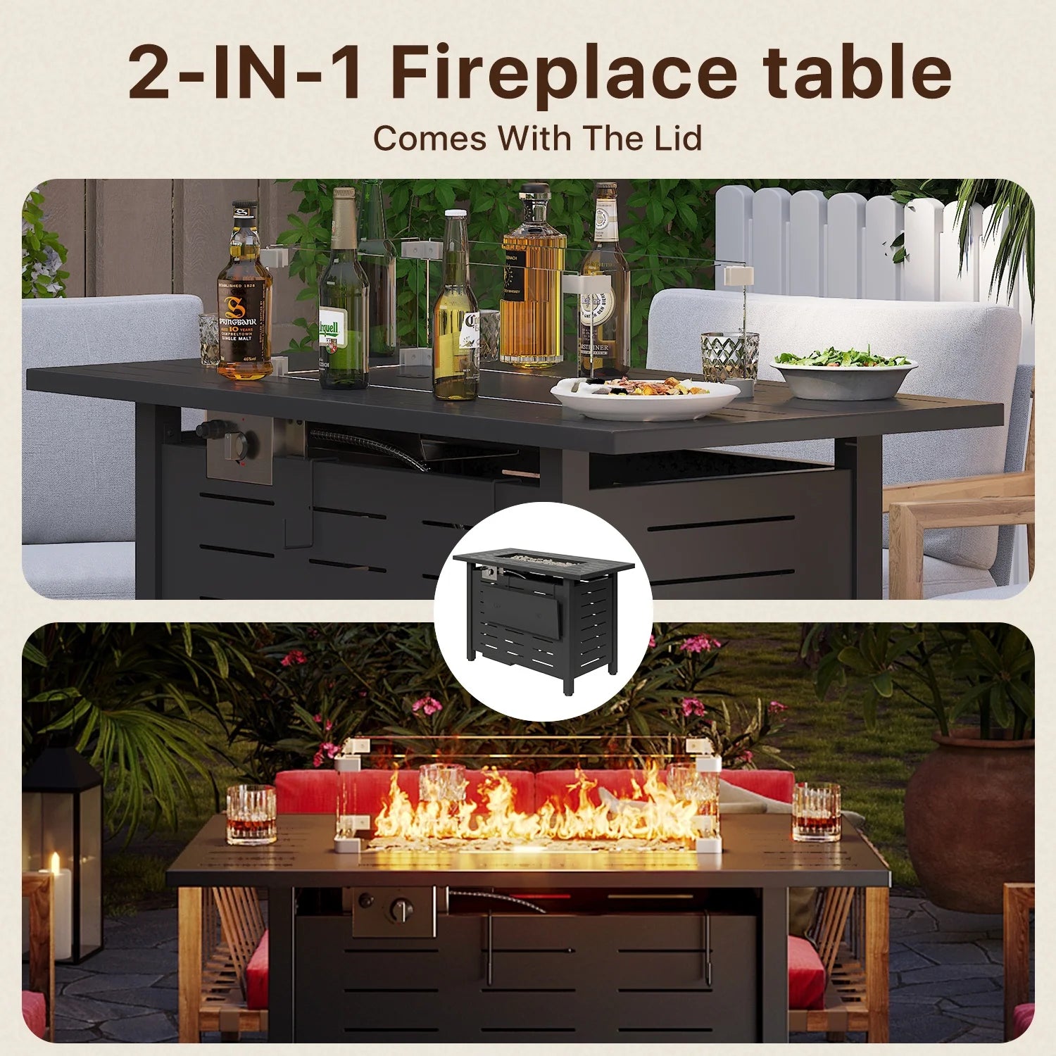 Sunmthink 44" Propane Fire Pit Table, 50,000 BTU Auto Ignition Steel Gas Fire Pit with Removable Lid & Waterproof Cover for Patio, Backyard, Black