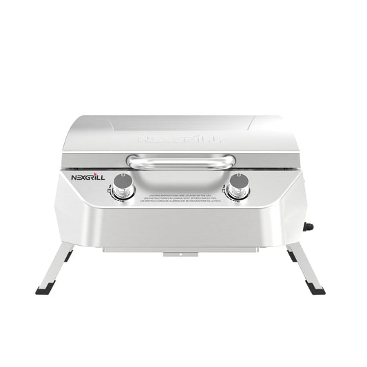 Nexgrill Stainless Steel 2-Burner Portable Gas Grill with Locking Lid, Folding Legs, 20,000 BTUs, 251 SQ In Cooking Space, Tabletop Grill for Camping, Outdoor Cooking, Patios, and More - 820-0007GE