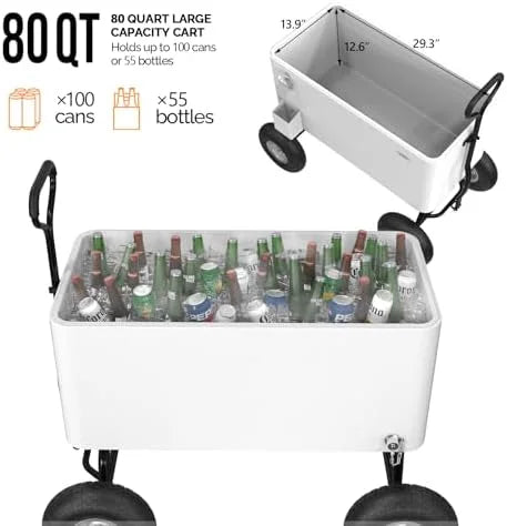 80 Quart Wagon Rolling Cooler Ice Chest,/Long Handle and 10" Wheels, Portable Beach Patio Party Bar Cold Drink Beverage, Outdoor Park Cart on Wheels