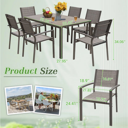 Devoko 7 Pieces Patio Conversation Set, Patio Dining Set Outdoor Furniture Set 6 Stackable Textilene Armchairs with Rectangular Table, Light Gray