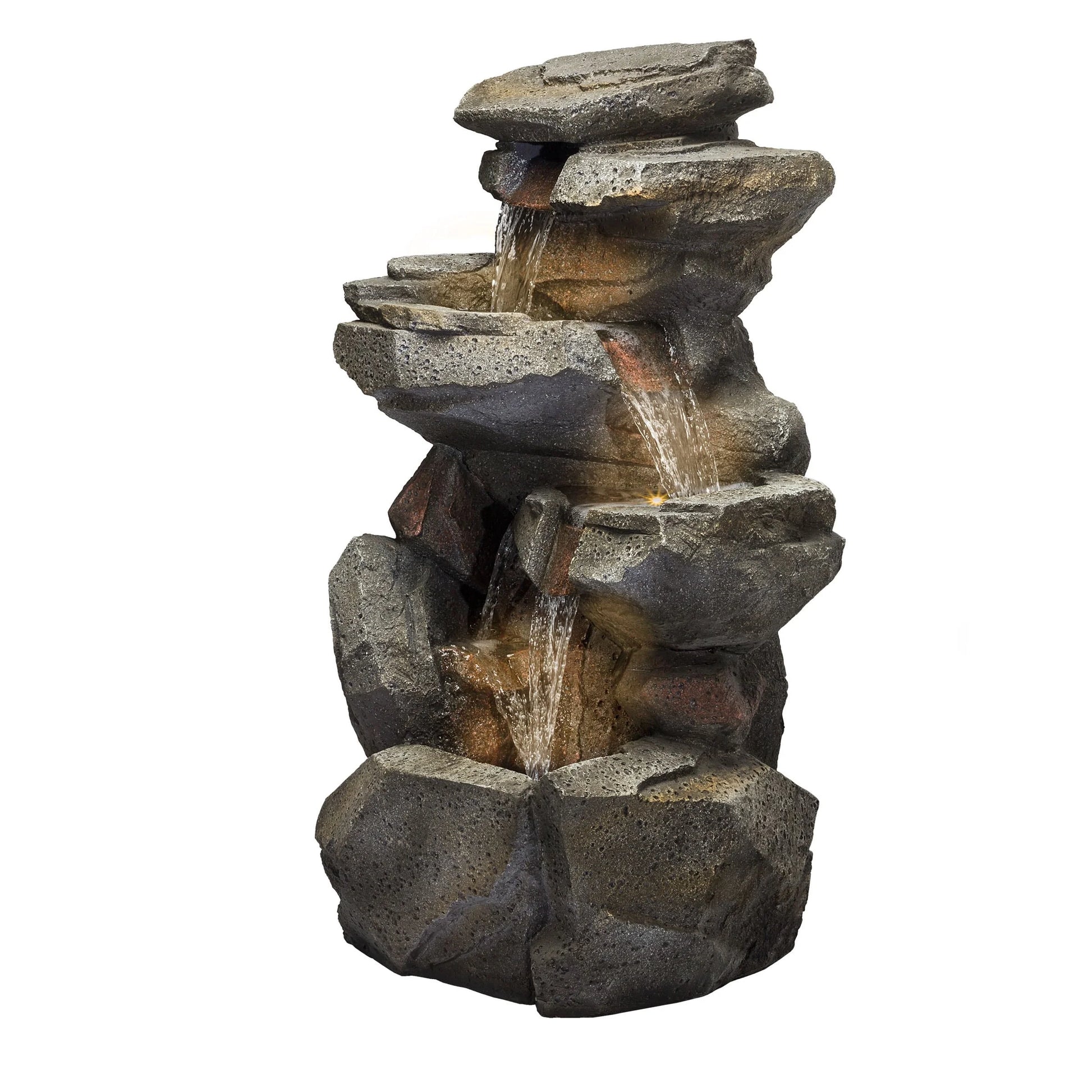 Alpine Corporation WIN1184 40" Outdoor Floor 3-Tiered Rock Waterfall Fountain with LED Lights, Natural Stone Look - Cascading Water Feature for Gardens, Patios, Yards, and Outdoor Dcor, Gray