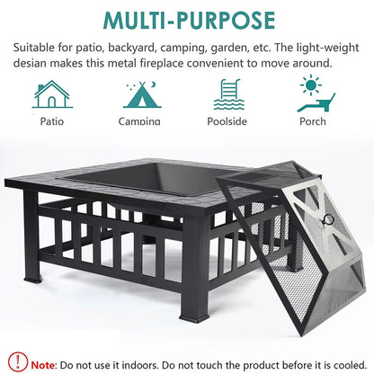 32" Square Fire Pit for Outside, Outdoor Wood Burning Metal Fire Pit with Spark Screen & Poker, Multifunctional Heater/Grill/Ice Pit for Backyard Patio Garden BBQ Grill, Black, S7039