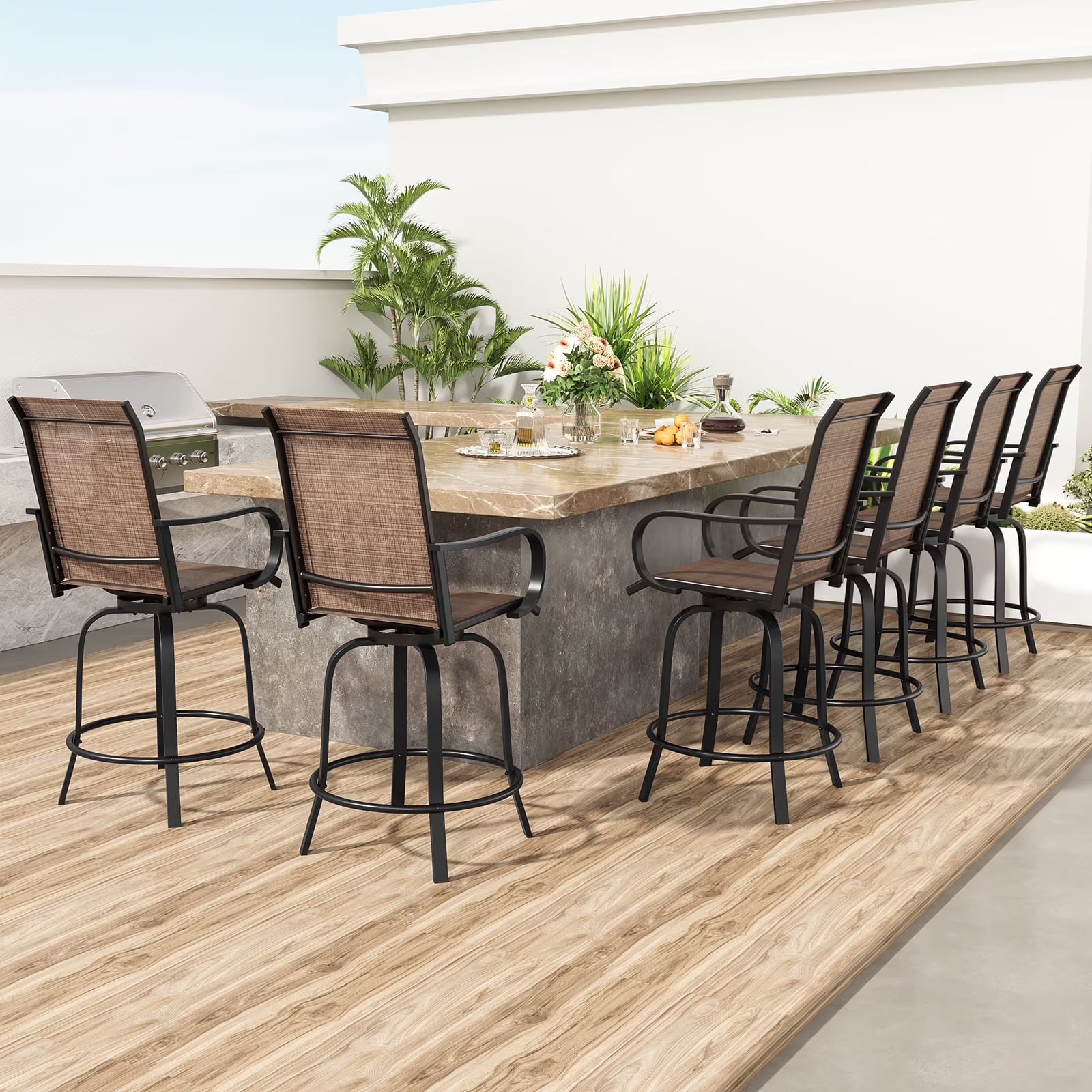 STARY Outdoor Bar Stools Set of 2, Swivel Patio Barstools with Textile Fabric,Ergonomic Comfort Bar Height Tall Outdoor Stools for Balcony,Dark Grey