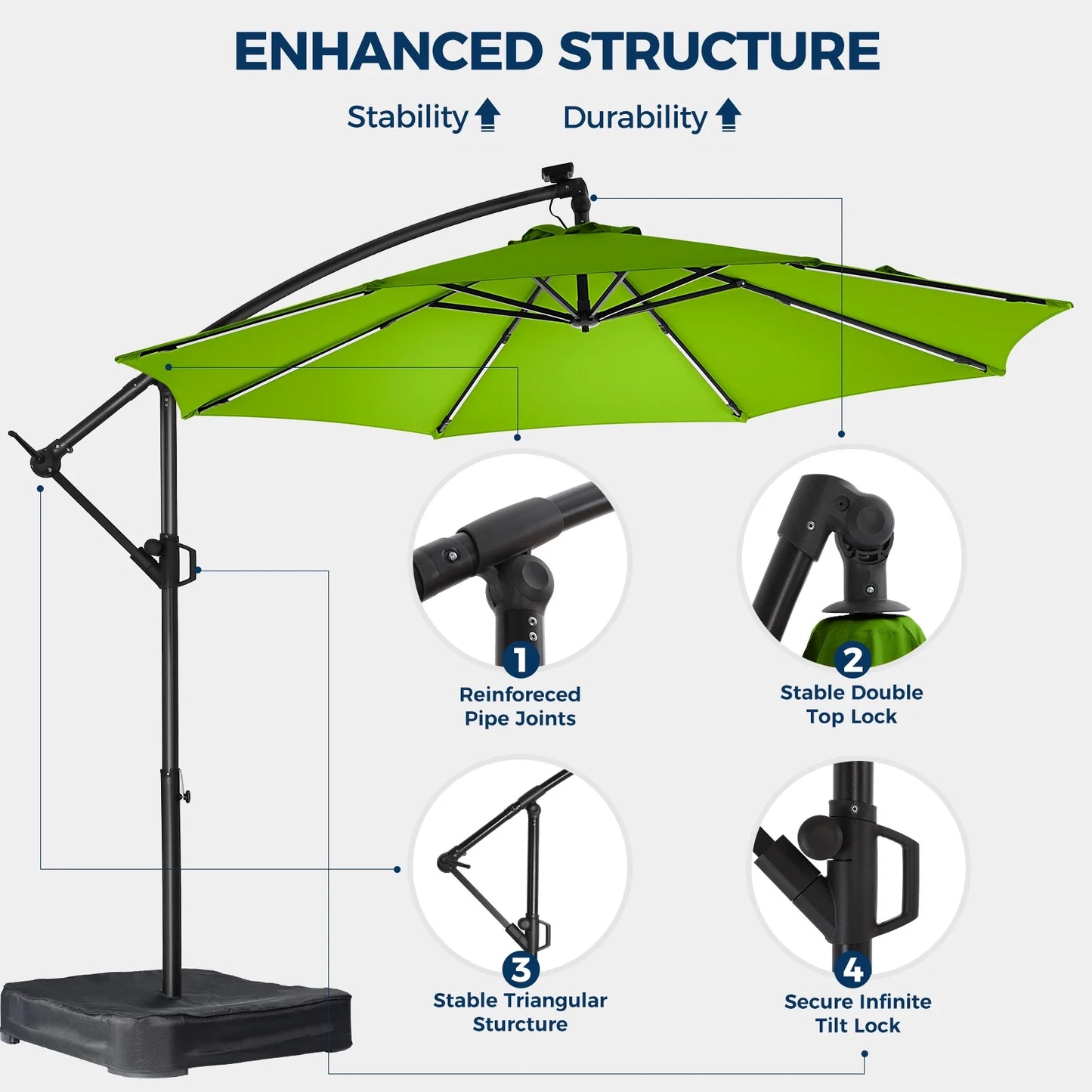10ft Patio Umbrella Offset with Solar Light and Base,Offset Hanging Patio Outdoor Market Umbrella with Easy Tilt and Crank,for Yard,Garden,Home,Pool & Deck,Green