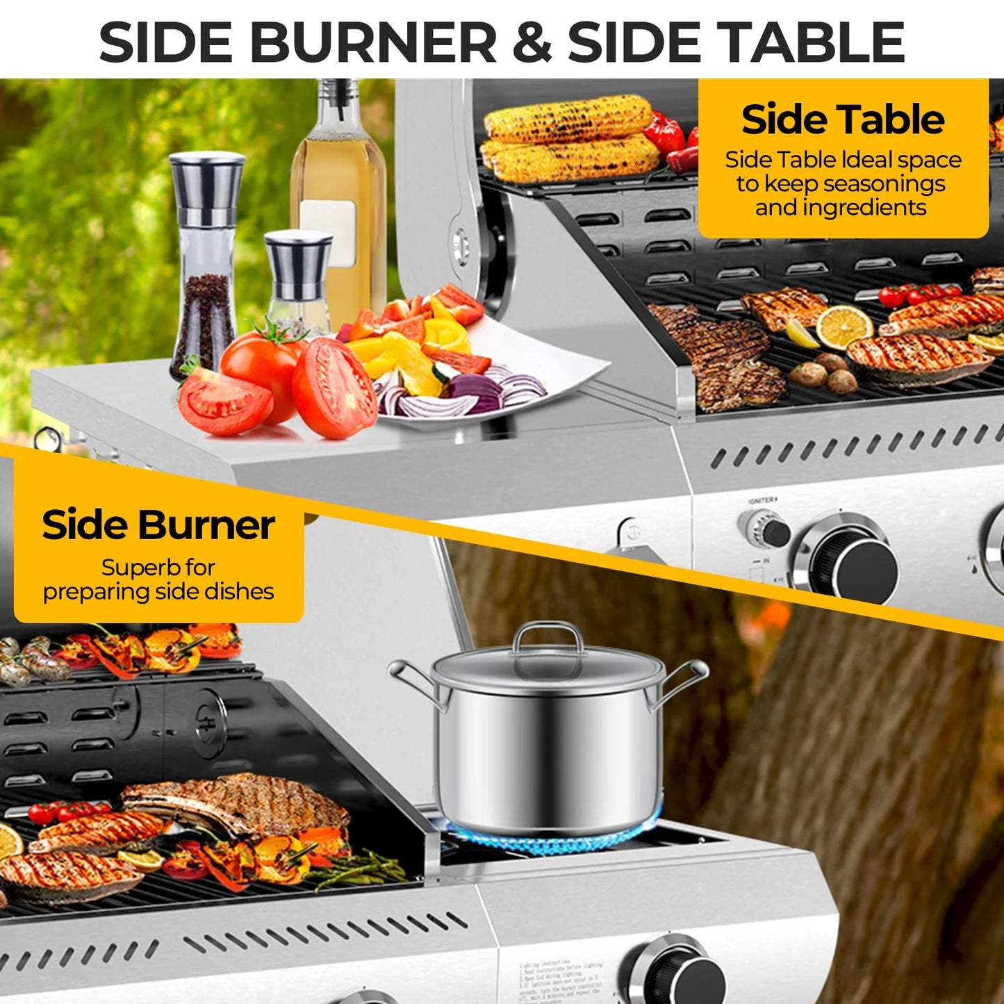 LHRIVER Stainless Steel BBQ Grill, 3 Burner Propane Gas Grill with Side Burner for Outdoor Cooking Patio Backyard